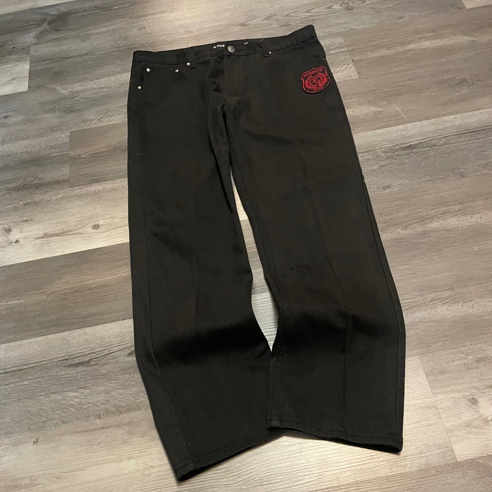 Red Ape Mens Black Wide Leg Denim Jeans Red Embroidery Crest Size 38 Y2K Street